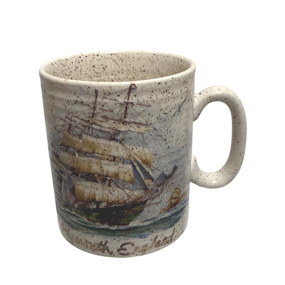 Churchill Homespun Plymouth England Sailing Ship Speckled Stoneware Mug Cream
